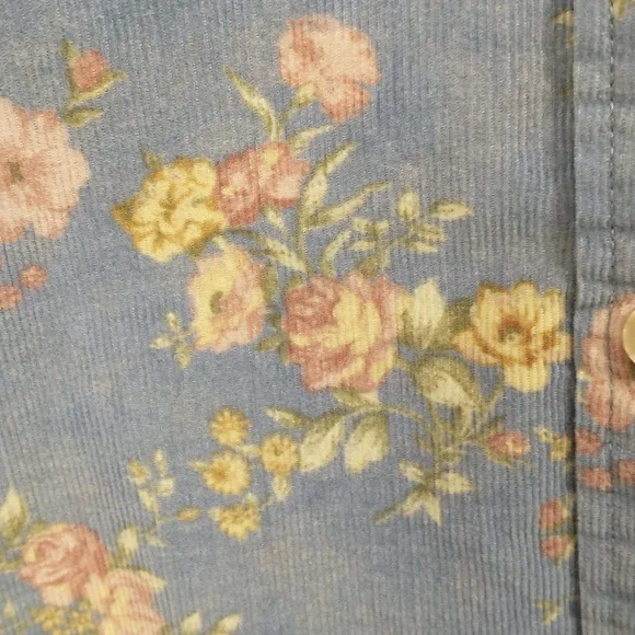 Floral Corduroy Shirt 100% Cotton Fine Wale Periwinkle Blue LL Bean Pink Roses - Picture 2 of 10